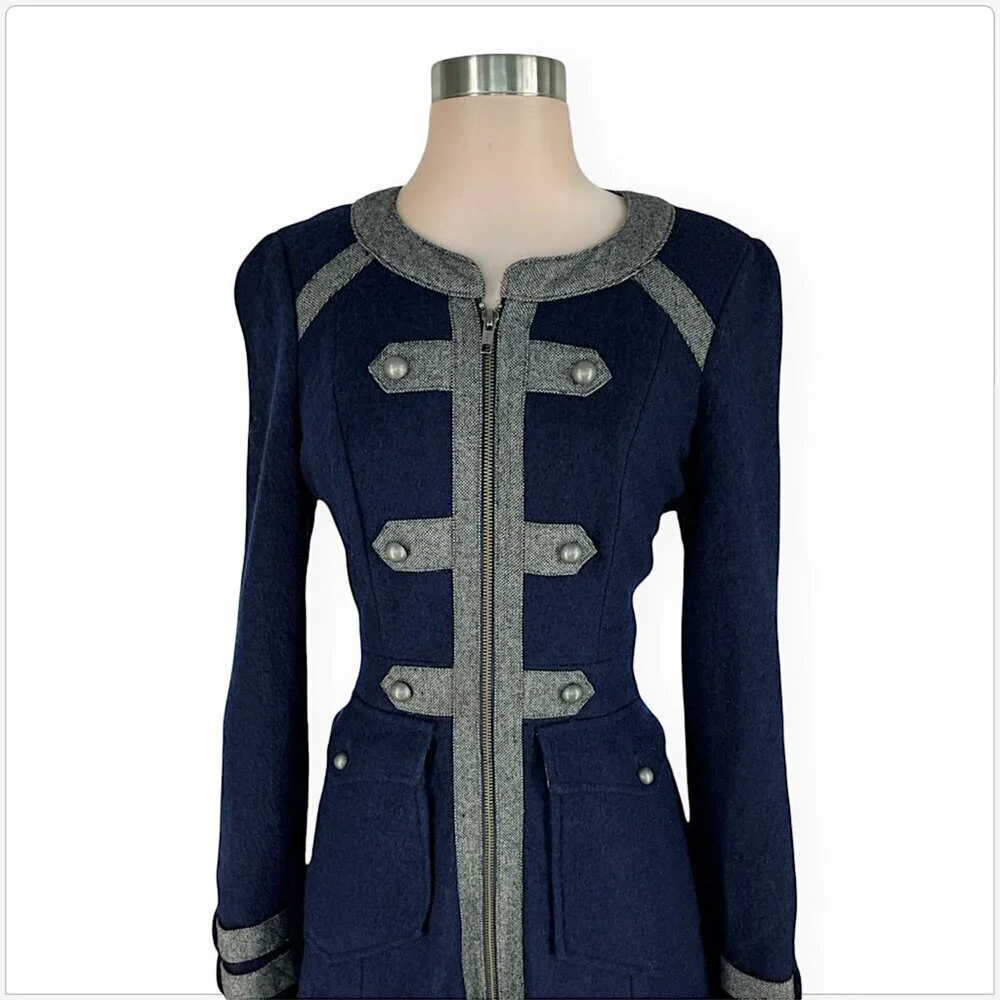 Free People Maxi Military Wool Coat Navy Gray Tweed Button Trim Winter Boho 2 - Picture 3 of 7